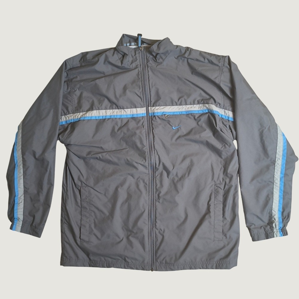 Nike Full Zip Windbreaker Jacket‎ Men Size L Gray Blue Striped Lightweight Lined